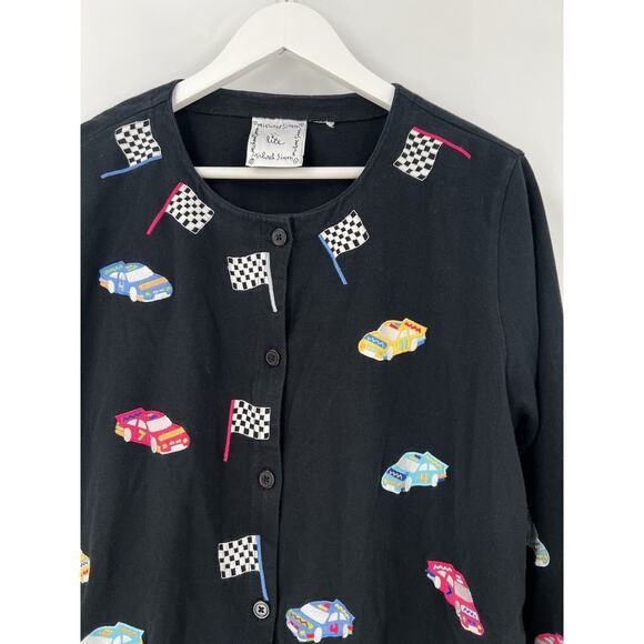 Michael Simon Lite Jacket Womens Medium Black Racecar Racing Flag Cars Buttons - Picture 2 of 16